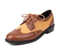 Eestfy Chaussures Classiques en Cuir Oxford Destiné à École pour Femmes Talon Bas Talon Bloc Bout Rond Lacets Wingtip Brogue Souliers Flats pour Travail École Et Port Quotidien,Marron,40 EU