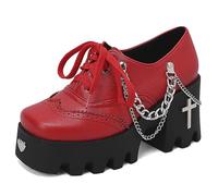 Eestfy Chaussures Oxford à Plateforme Gothique pour Femmes Talon Haut Semelle carrée Fermeture à Lacets Design Bicolore ou chaîne cloutée Bout carré Style Punk Alternatif Décontracté,Rouge,45 EU