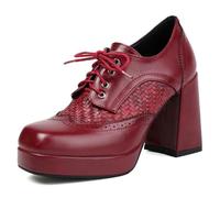 Eestfy Chaussures Oxford Talon Bloc Épais Femme Fibre Ultra Bout Carré À Lacets Plateau Plateau Imperméable Escarpins Brogues Rétro pour Travail Robe Ou Quotidien,Rouge,37 EU