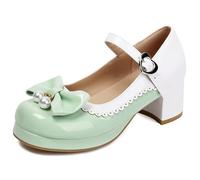 Eestfy Chaussures Plateforme Mary Jane Sweet Lolita pour Femme Escarpins Plateforme Bout Rond Chaussures Boucle Noeud Perle Détail Bordure Festonnée pour École Et Sortie Décontractée,Vert,37 EU