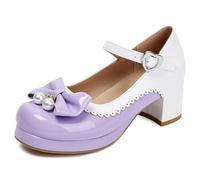 Eestfy Chaussures Plateforme Mary Jane Sweet Lolita pour Femme Escarpins Plateforme Bout Rond Chaussures Boucle Noeud Perle Détail Bordure Festonnée pour École Et Sortie Décontractée,Violet,38 EU