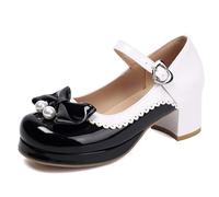 Eestfy Chaussures Plateforme Mary Jane Sweet Lolita pour Femme Escarpins Plateforme Bout Rond Chaussures Boucle Noeud Perle Détail Bordure Festonnée pour École Et Sortie Décontractée,Noir,37 EU