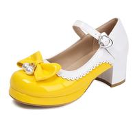 Eestfy Chaussures Plateforme Mary Jane Sweet Lolita pour Femme Escarpins Plateforme Bout Rond Chaussures Boucle Noeud Perle Détail Bordure Festonnée pour École Et Sortie Décontractée,Jaune,38 EU