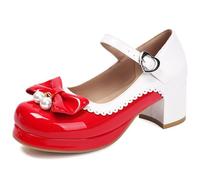 Eestfy Chaussures Plateforme Mary Jane Sweet Lolita pour Femme Escarpins Plateforme Bout Rond Chaussures Boucle Noeud Perle Détail Bordure Festonnée pour École Et Sortie Décontractée,Rouge,42 EU