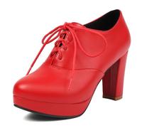 Eestfy Escarpins Bout Pointu Femmes Lacets Plateforme Talon Épais Chaussures Oxford,Rouge,45 EU