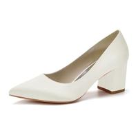 Eestfy Escarpins De Mode Bout Pointu Talon Bloc Femme en Satin Slip on Talons Talon Confortable 6cm Élégants Escarpins Courts pour Événements De Fête Et Tenue Décontractée,Ivoire,37 EU