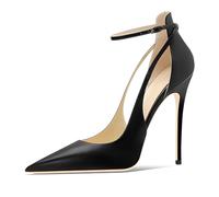 Eestfy Escarpins de Ville Formels Femme Élégants à Bout Pointu Bride Cheville Talons Aiguilles 10cm Talons Hauts pour Mariage et Banquet du Soir Design en Cuir Texturé,Noir,36 EU