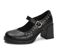 Eestfy Escarpins Élégants Style Vintage Français Boucle à Clous Mary Jane Talon Épais pour Fête et Soirée Cuir Microfibre de Haute Qualité,Noir,36 EU