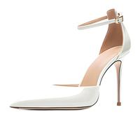Eestfy Escarpins Femme Élégants Bride Cheville Talon Aiguille Pumps Bout Pointu Talons Hauts Cuir Vernis Chaussures de Ville pour Fête de Mariage et Événements Formels du Soir,Blanc,44 EU