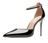 Eestfy Escarpins Femme Élégants Bride Cheville Talon Aiguille Pumps Bout Pointu Talons Hauts Cuir Vernis Chaussures de Ville pour Fête de Mariage et Événements Formels du Soir,Noir,39 EU