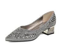 Eestfy Escarpins Femme | Talon Bloc Strass Bout Pointu Chaussures Mariage pour Réception & Banquet Formel Tige Mesh Respirant Semelle Caoutchouc Style Élégant,Grey (5cm),42 EU