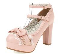 Eestfy Escarpins Plateforme Femme Talons Hauts Bout Rond Pumps avec Détail Nœud Talon Épais Style Lolita Escarpins Double Bretelles Cheville pour Réception de Mariage,Rose,45 EU