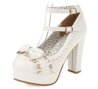 Eestfy Escarpins Plateforme Femme Talons Hauts Bout Rond Pumps avec Détail Nœud Talon Épais Style Lolita Escarpins Double Bretelles Cheville pour Réception de Mariage,Blanc,45 EU
