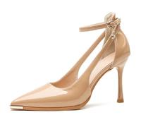 Eestfy Escarpins Stiletto De Bureau Bout Pointu Cuir Verni Embout Métallique Slip on Talons d'affaires pour Bureau Quotidien Et Réunion Style Professionnel,Nude 9cm,37 EU