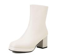 Eestfy Femmes Classique Plateforme Bottes Cheville Cuir Synthétique Talon Bloc Fermeture Zip Côté Chaussure Mode pour Sorties Travail Événements Fête,Beige,40 EU