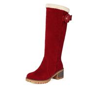 Eestfy Femmes Detail Boucle Bottes Genou Haut avec Bordure Fourrure Talon Bloc Hiver Neige pour Randonnees Montagne,Rouge,37 EU