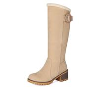 Eestfy Femmes Detail Boucle Bottes Genou Haut avec Bordure Fourrure Talon Bloc Hiver Neige pour Randonnees Montagne,Beige,37 EU