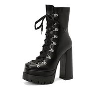 Eestfy Femmes Plateforme Bottes Combat Style Gothique Cuir Synthétique Lacets Talon Bloc Massif Semelle Cramponnée pour Boîte Nuit Festivals Musique,Noir,42 EU