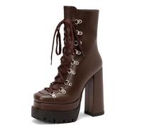 Eestfy Femmes Plateforme Bottes Combat Style Gothique Cuir Synthétique Lacets Talon Bloc Massif Semelle Cramponnée pour Boîte Nuit Festivals Musique,Marron,42 EU