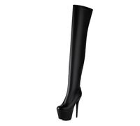 Eestfy Femmes sur Le Genou Plateforme Bottes Haut Talon Stiletto Zip Cote Cuisse Haut pour Boite Nuit Fetes,Black Matte,46 EU