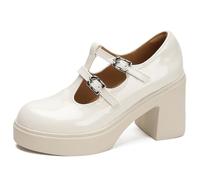 Eestfy Mary Janes à Double Bride en T Bout Rond Plateforme Talon Épais pour Uniforme Scolaire et Rendez-Vous Chaussures Élégantes Semelle TPR Légère,Apricot,40 EU