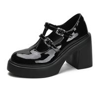 Eestfy Mary Janes à Double Bride en T Bout Rond Plateforme Talon Épais pour Uniforme Scolaire et Rendez-Vous Chaussures Élégantes Semelle TPR Légère,Noir,39 EU