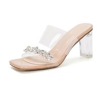Eestfy Mules à Talon Transparent Femme Large Sandales Slide avec Bride Cristal Strass Talon Bloc Épais Bout Carré à Enfiler Chaussures d'Été Semelle Antidérapante,Apricot 5cm,42 EU