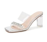 Eestfy Mules à Talon Transparent Femme Large Sandales Slide avec Bride Cristal Strass Talon Bloc Épais Bout Carré à Enfiler Chaussures d'Été Semelle Antidérapante,Silver 7cm,38 EU