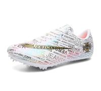 Eestfy Pointes d'athlétisme légères pour Hommes et Femmes, Empeigne en Mesh Respirant, Accents de Lettres Multicolores pour Sprint et Demi-Fond,Blanc,37 EU