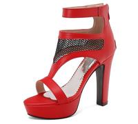 Eestfy Sandales À Plateforme Style Européen Talon Bloc Épais Mesh Découpé Bout Ouvert Bride Cheville Talons Hauts De Mode pour Vacances Et Tenue D'Été,Rouge,40 EU