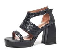Eestfy Sandales À Plateforme Talon Bloc Carré Ouvert Bride Cheville Talons Hauts Chaussures De Fête Escarpins pour Réception De Mariage Et Événements du Soir,Noir,39 EU