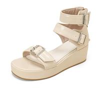 Eestfy Sandales en Cuir Verni Plateforme Femme Bout Carré Triple Boucle Chaussures Gladiateur à Semelle Compensée Design Audacieux à Talon Épais pour Styling d'Été et Mode de Rue,Beige,36 EU