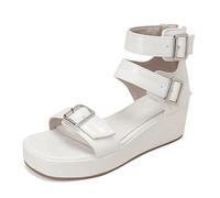 Eestfy Sandales en Cuir Verni Plateforme Femme Bout Carré Triple Boucle Chaussures Gladiateur à Semelle Compensée Design Audacieux à Talon Épais pour Styling d'Été et Mode de Rue,Blanc,45 EU