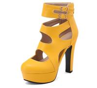 Eestfy Talons De Fête Plateforme Bout Pointu Bottines De Cheville Découpées Talon Bloc Épais Double Boucle Courroie Sandales Femme pour Soirée en Club Et Événements du Soir,Jaune,43 EU