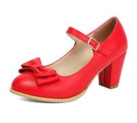Eestfy Talons Grandes Tailles Femme Bout Rond Talon Bloc Mary Jane Escarpins Bride Nœud Chaussures Habillées Travail Quotidien Et Tenue Décontractée Largeur Large Confortable,Rouge,45 EU