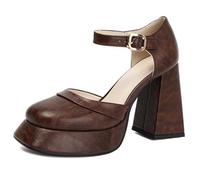 Eestfy Talons Hauts Plateforme Femme Talon Bloc Épais Bout Carré Bout Ouvert Bride Cheville Boucle Style Mary Jane Sandales Escarpins Courts pour Soirée De Fête Et Vacances,Marron,41 EU