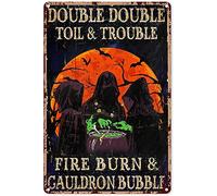 Eeypy Panneau d'Halloween pour la maison sorcière double Toil & Trouble Fire Burn & Cauldron Bubble Halloween Panneau décoratif en métal en aluminium Décoration murale amusante pour intérieur, maison