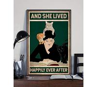 Eeypy Plaque en métal humoristique avec motif de chat, inscription « Love Cat » et « She Lived Happily Ever After » - Vintage - 30,5 x 20,3 cm