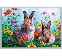 Eeypy Plaque murale en métal - Motif lièvre, lapins et fleurs - Style rétro