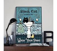 Eeypy Poster Cat & Sink Co Wash Your Paws - Chat noir - Décoration de salle de bain amusante - Cadeau en métal - Peinture en fer pour intérieur et extérieur - Décoration murale - 20,3 x 30,5 cm