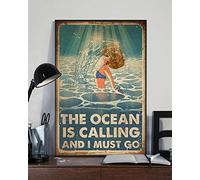 Eeypy Poster « Swimming Poster The Ocean Is Calling And I Must Go » - Décoration murale idéale pour la maison, la piscine, en fer - 30,5 x 40,6 cm
