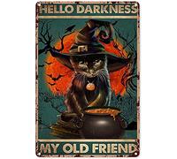Eeypy Witchcraft - Panneau mural vintage en aluminium avec motif chat Hello Darkness My Old Friend Blood Moon pour salle de bain, maison, fête - 30,5 x 20,3 cm