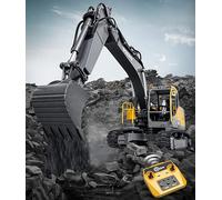 efaso Tondeuse à gazon Volvo RC 1:16 entièrement proportionnelle, version mise à niveau de qualité supérieure avec engrenage métallique et filetage interchangeable, pince marteau - excavatrice