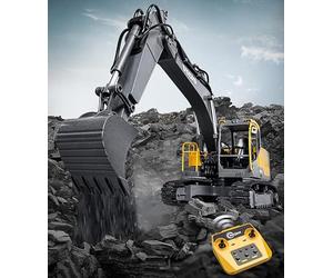 efaso Tondeuse à gazon Volvo RC 1:16 entièrement proportionnelle, version mise à niveau de qualité supérieure avec engrenage métallique et filetage interchangeable, pince marteau - excavatrice