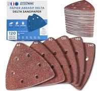 EffektWerk - Papiers de Verre Delta - Lot de 120, 6 Trous - Tampons Ponçage Triangulaires 93 x 93 x 93mm pour Machines Ponçage Triangulaires - Différentes Granulométries (40, 60, 80, 120, 180, 240)