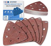 EffektWerk - Papiers de Verre Delta - Lot de 24, 6 Trous - Tampons Ponçage Triangulaires 93 x 93 x 93mm pour Machines Ponçage Triangulaires - Différentes Granulométries (40, 60, 80, 120, 180, 240)