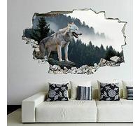 Effet 3D Cassé Stickers Muraux Loup Montagne Animal 3D Mur Art Autocollant Mural Decal Home Office Decor-90x60cm