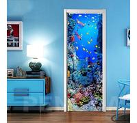 Sticker Porte Effet 3D Autocollant Porte Trompe L'Œil Poster De Porte Stickers Muraux Salon Porte Cuisine Chambre Salle De Bain Sticker Mural Papier Peint Poisson De Corail De Mer 77X200cm