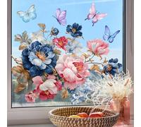 EffiFish Autocollant de fenêtre vintage pivoine avec papillons, 40 x 30 cm, décalcomanie florale statique pour l'intimité du verre et la sécurité des oiseaux dans la décoration d'intérieur