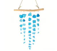 EffiFish Carillon éolien en verre côtier 46 cm - Design rustique en bois flotté pour balcon, maison, jardin - Bleu mer E